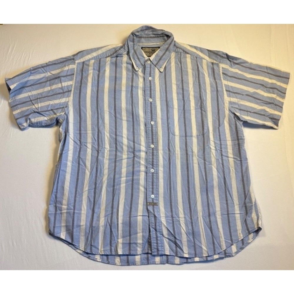 Vintage Dockers Mens XL Striped Short Sleeve Button Down Shirt Cotton Blue Gray